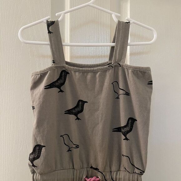 Moi Raven Crow Bird Romper Shortall Organic Cotton Olive Green Girls Size 5-6 - Picture 2 of 12